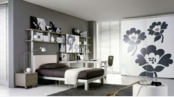 ιδέες υπνοδωματίου ασπρόμαυρο μοντέρνο ντουλάπι με λουλουδάτο σχέδιο