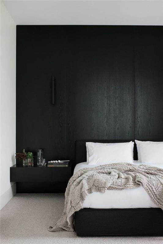 ιδέες για υπνοδωμάτιο μαύρη προφορά τοίχου ελαφριά μοκέτα