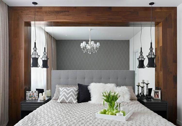 υπνοδωμάτιο εσωτερική διακόσμηση ιδέες επικαλυμμένο κρεβάτι κεφαλάρι τοίχο καθρέφτη