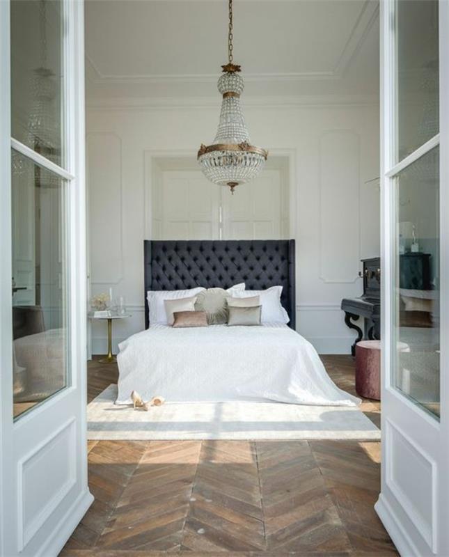 υπνοδωμάτιο λαμπτήρας πολυέλαιος ξύλινο πάτωμα κομψό κεφαλάρι κρεβατιού