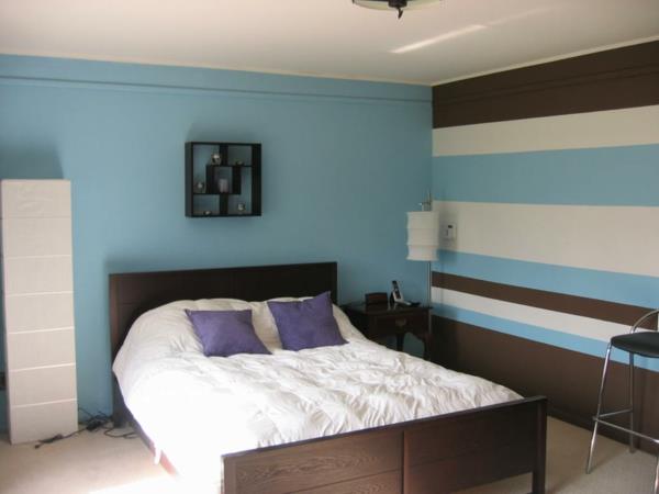υπνοδωμάτιο τοίχο χρώμα μπλε προφορά τοίχο ρίγα μοτίβο καφέ