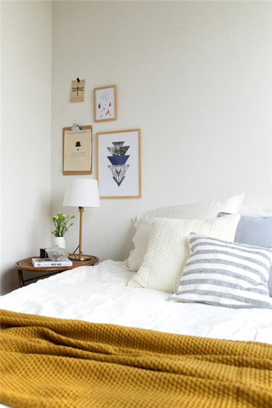 υπνοδωμάτιο λευκή κίτρινη διακόσμηση τοίχου οροφής ρίξτε μαξιλάρια