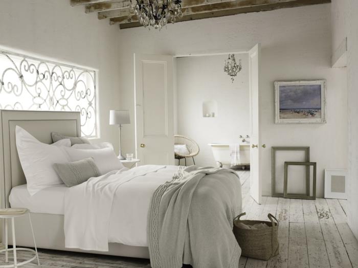 υπνοδωμάτιο λευκό ξύλινο πάτωμα διακοσμητικό πλαίσιο ξύλινα δοκάρια