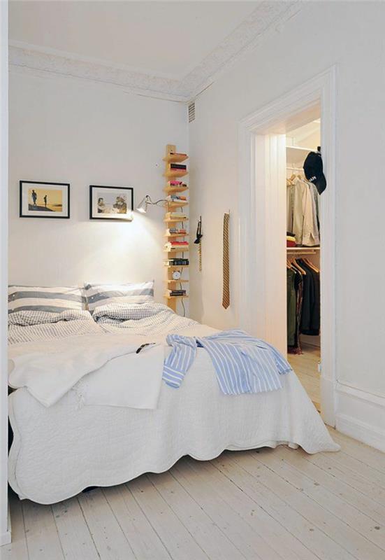 υπνοδωμάτιο λευκό σκανδιναβικό υπνοδωμάτιο ξύλινο πάτωμα ράφια τοίχου