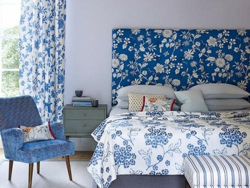 υπνοδωμάτιο μοτίβο διακόσμησης σπιτιού υφασμάτινα λουλούδια λευκό μπλε