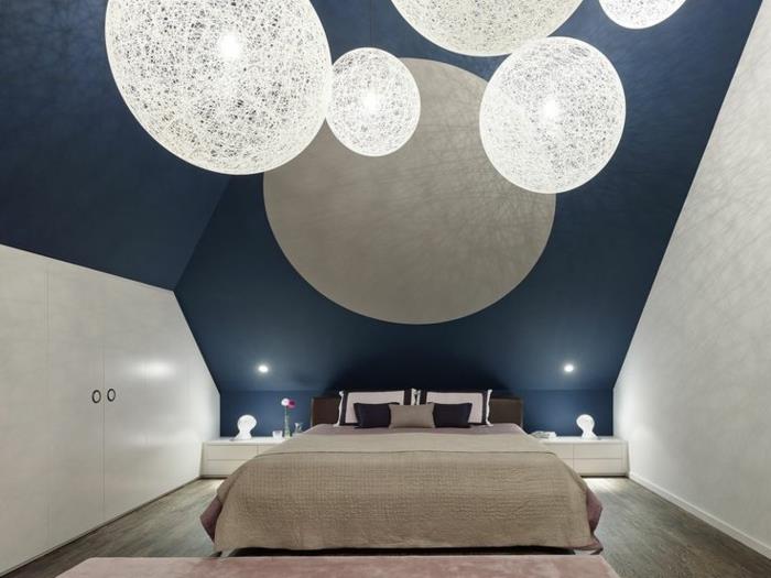 υπνοδωμάτιο σχεδιασμός μοντέρνος σχεδιασμός γεωμετρικά σχήματα στρογγυλά κρεμαστά φώτα