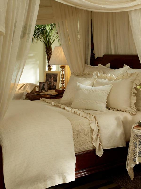 σχεδιασμός κρεβατοκάμαρας ρομαντικό κρεβάτι με ουρανό βολάν δαντέλα λευκό κρεβάτι από μασίφ ξύλο