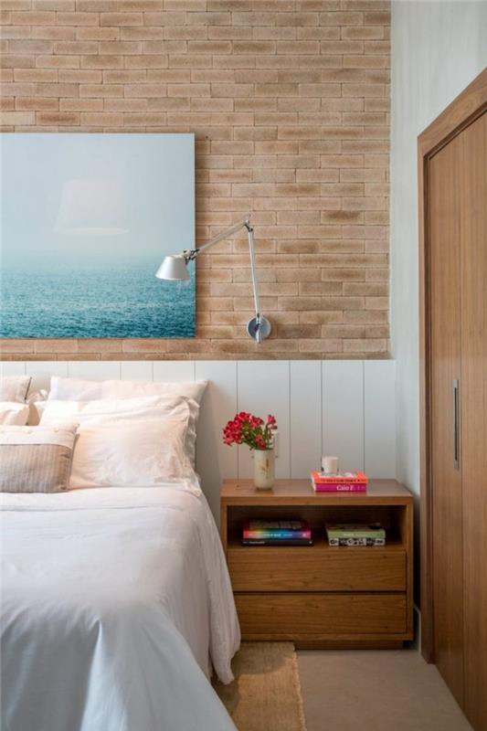 υπνοδωμάτιο σχεδιασμός τούβλο τοίχος οπτική ξύλινη νυχτερινή κονσόλα τοίχο προοπτική τέχνης