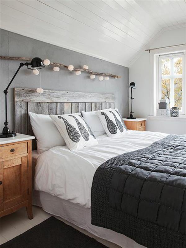 υπνοδωμάτιο σχεδιασμός κεφαλάρι διπλό κρεβάτι λευκό ξύλινο δάπεδο επένδυση οροφής