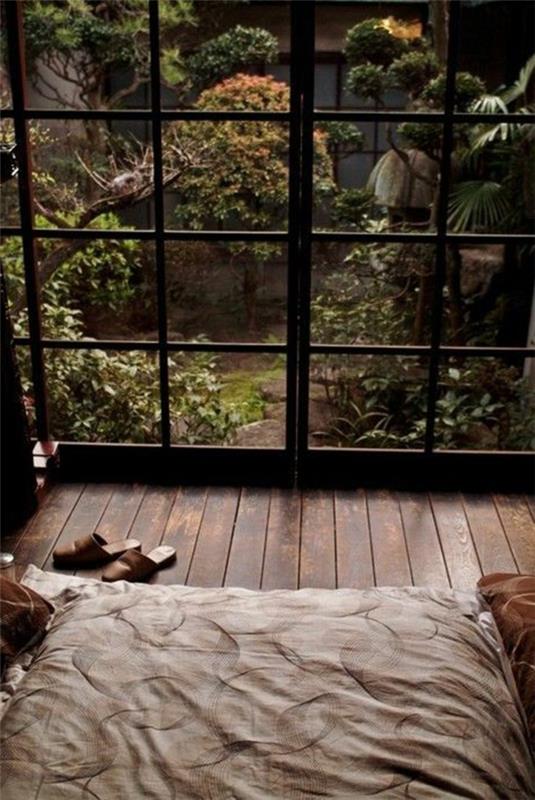 υπνοδωμάτιο σχεδιασμός ξύλινο πάτωμα όμορφη θέα