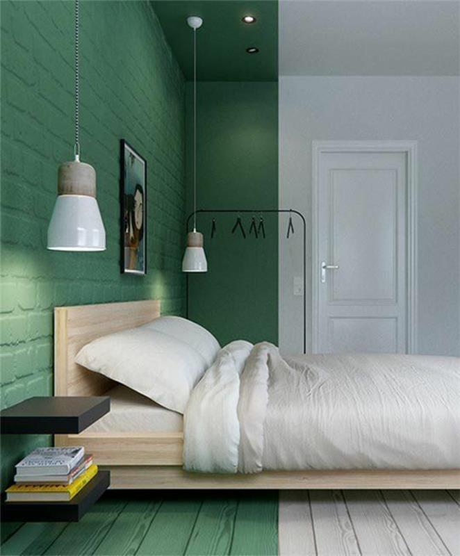 κρεβατοκάμαρα σχέδιο πουριστικό πράσινο λευκό τοίχο χρώμα ξύλινο πλαίσιο κρεβατιού
