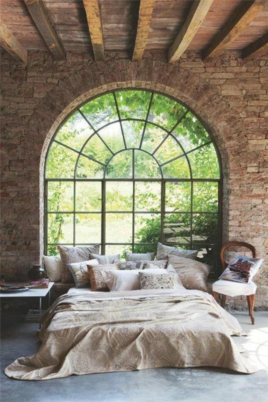 υπνοδωμάτιο σχεδιασμός δάσος με παράθυρο από πανόραμα τοίχο από τούβλα