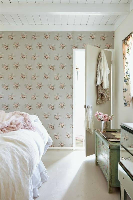 υπνοδωμάτιο σχεδιασμός τοίχοι σχεδιαστικές ιδέες floral μοτίβο λευκά κλινοσκεπάσματα