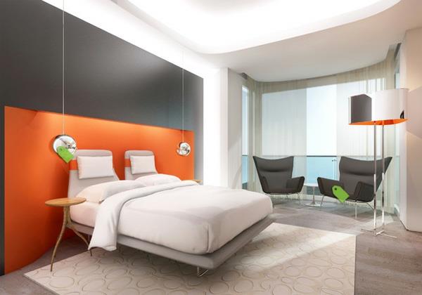 ιδέες επίπλωσης σχεδιασμού μοντέρνος πορτοκαλί τοίχος υπνοδωματίου