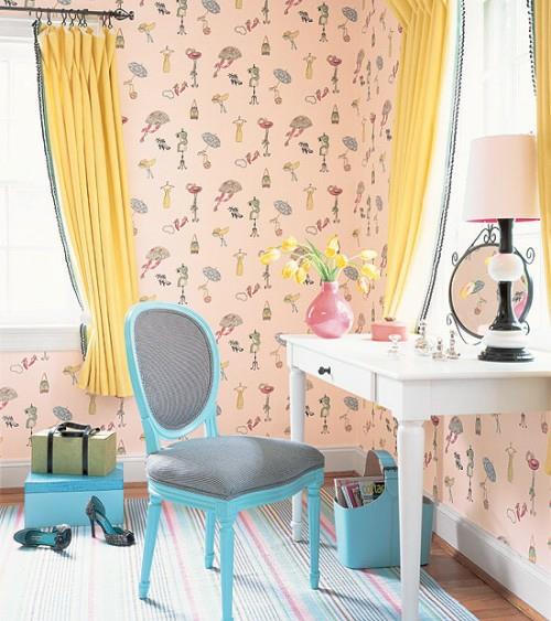 γκαρνταρόμπα μπλε χρώματα κίτρινο ανοιχτό ροζ ταπετσαρία παιχνιδιάρικη καρέκλα γαρδινέζικη γαλλική