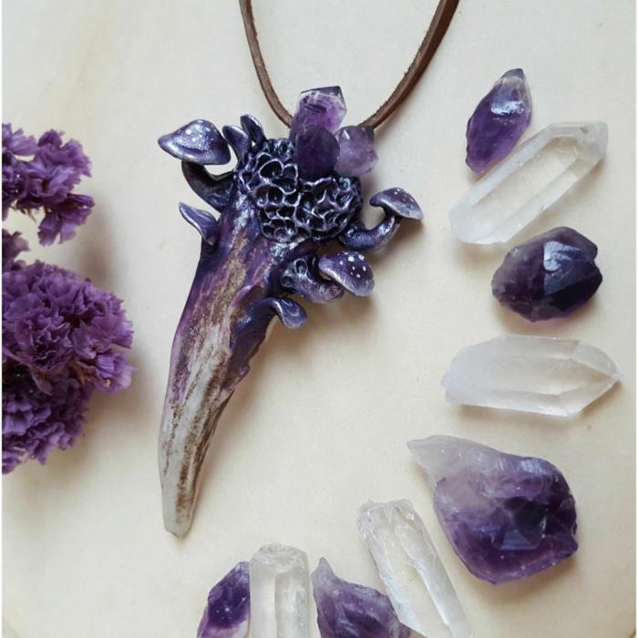 αγοράστε κοσμήματα online etsy αλυσίδα κρεμαστό μοβ κέρατο κρύσταλλα μανιτάρια μαγικό κόσμημα χειροποίητο