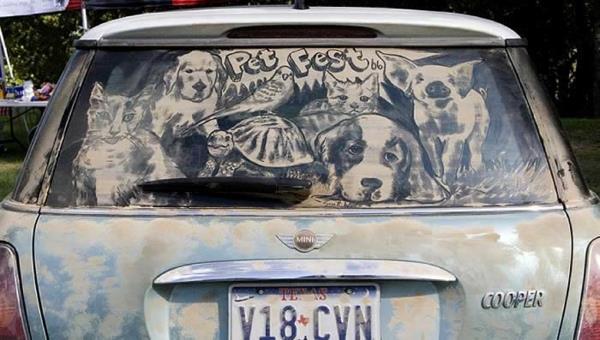 βρώμικα αυτοκίνητα τέχνη ζωγραφιές σκόνης κατοικίδια σκυλιά