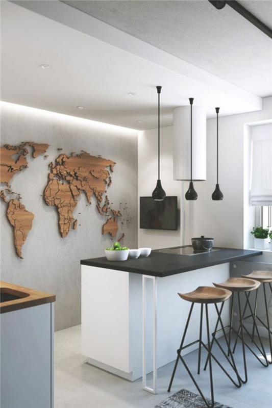 όμορφες κουζίνες ιδέες κουζίνας μοντέρνα κουζίνα τσιμεντένιος τοίχος παγκόσμιος χάρτης ξύλο