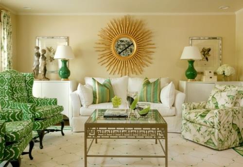 όμορφη παλέτα χρωμάτων στο σπίτι πράσινος λευκός συνδυασμένος καθρέφτης τοίχου καθιστικού
