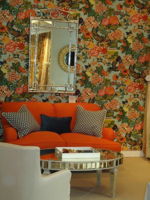 όμορφα φρέσκα λουλούδια μοτίβο ταπετσαρία καθρέφτη τοίχου καθιστικού