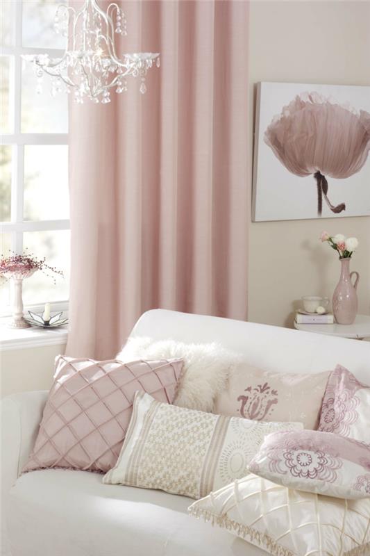 όμορφες κουρτίνες παστέλ χρώματα ροζ λευκό ρίξτε μαξιλάρια