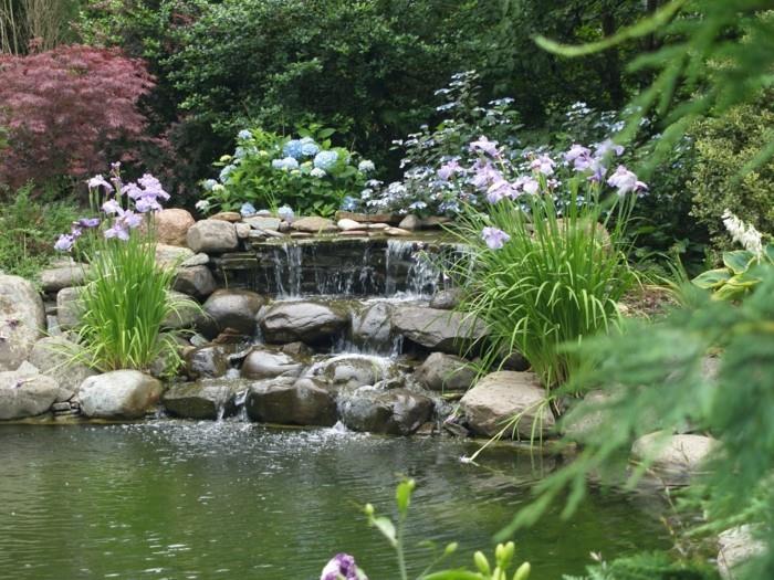 όμορφοι κήποι λίμνη κήπου με πέτρες και φυτά