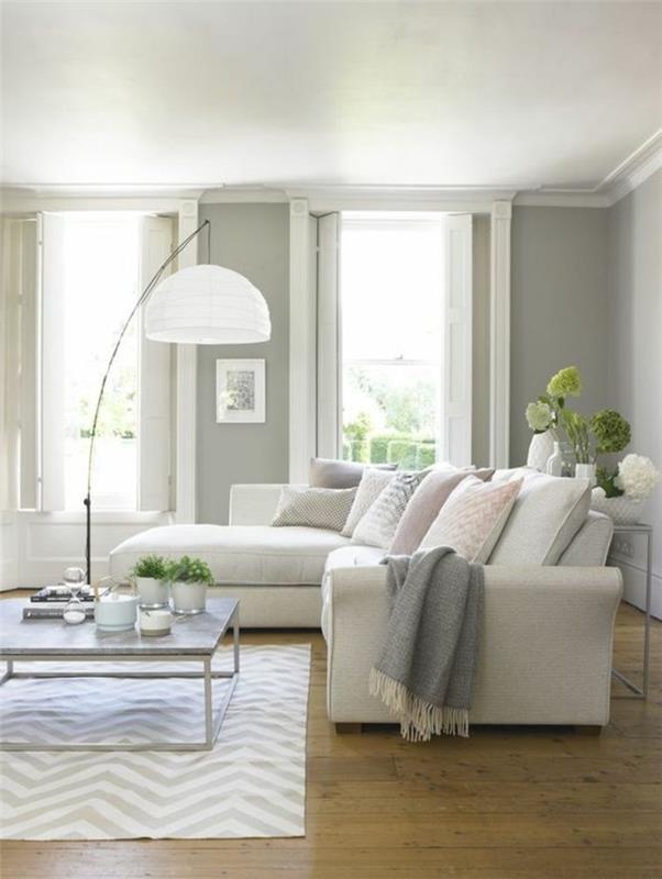 όμορφοι καναπέδες λευκός γωνιακός καναπές χαλί γκρι τοίχοι