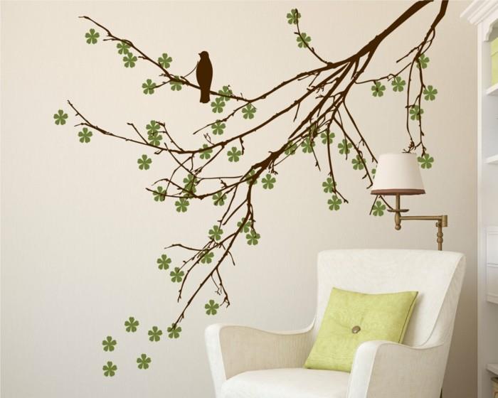 όμορφα αυτοκόλλητα τοίχου κλαδιά δέντρων λουλούδια πολυθρόνα πράσινα ρίξτε μαξιλάρια