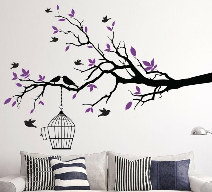 όμορφα αυτοκόλλητα τοίχου κλαδιά δέντρων πουλιά ρίχνουν μαξιλάρια σπιτικές ιδέες σαλόνι