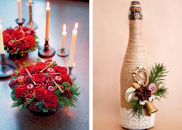 όμορφες χριστουγεννιάτικες ιδέες διακόσμησης τραπεζιού με λουλούδια φρούτα και μπουκάλι