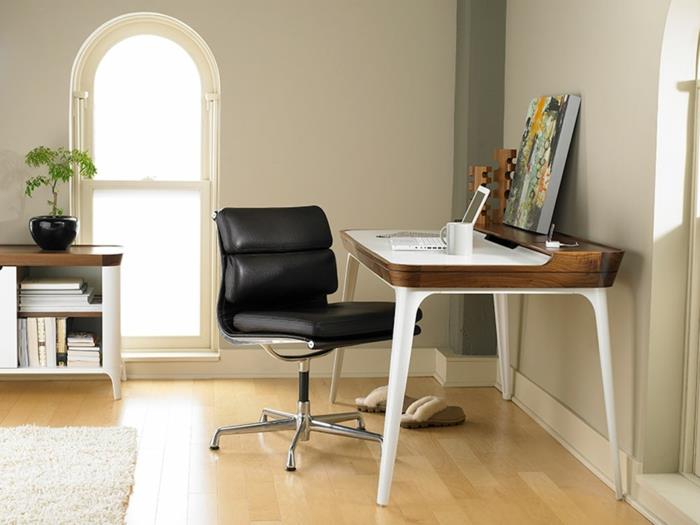 όμορφες ιδέες διαβίωσης γραφείο στο σπίτι μαύρη δερμάτινη καρέκλα