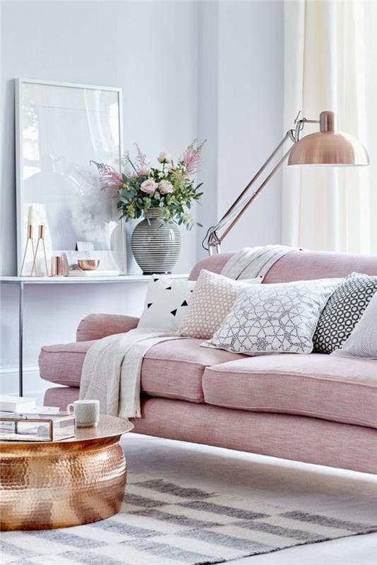 όμορφες ιδέες διαβίωσης σε καναπέ χιλιετίας ροζ ροζ σαλονιού και ανοιχτό χρώμα τοίχου