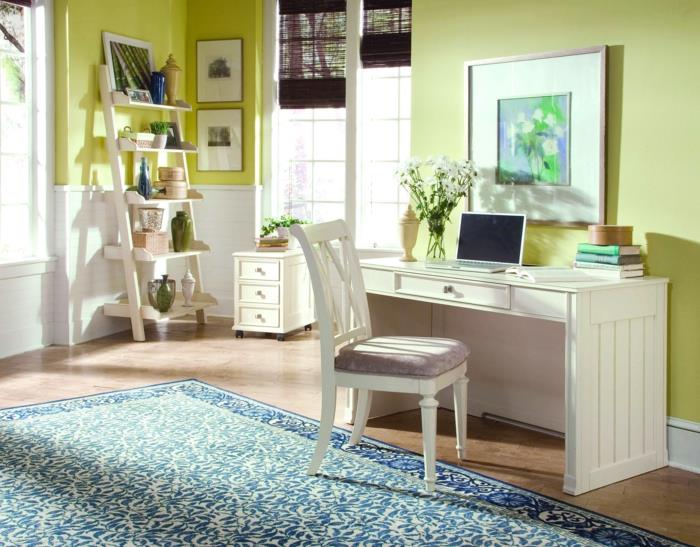 όμορφες ιδέες διαβίωσης λευκό γραφείο πράσινο χρώμα τοίχου μπλε χαλί