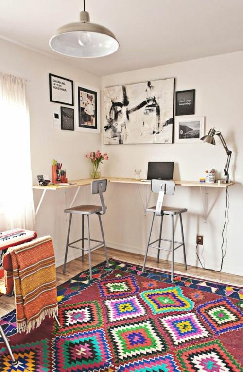 φτιάξτε το δικό σας γραφείο diy ξύλινες σανίδες τοίχου επιτραπέζιο μπαρ σκαμπό έθνικ χαλί επιτραπέζιο φωτιστικό
