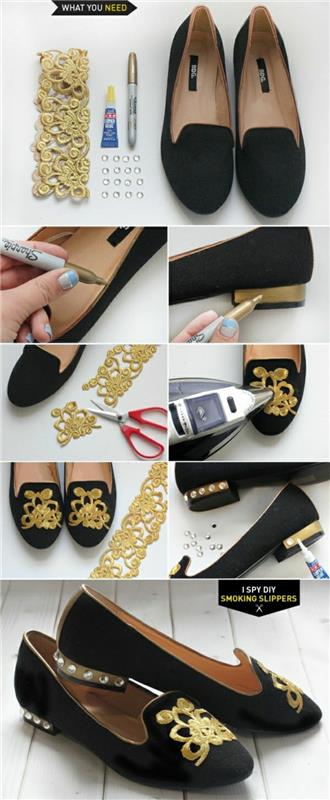 φτιάξτε μόνοι σας παπούτσια μαύρες μπαλαρίνες χρυσό σημείο στρας