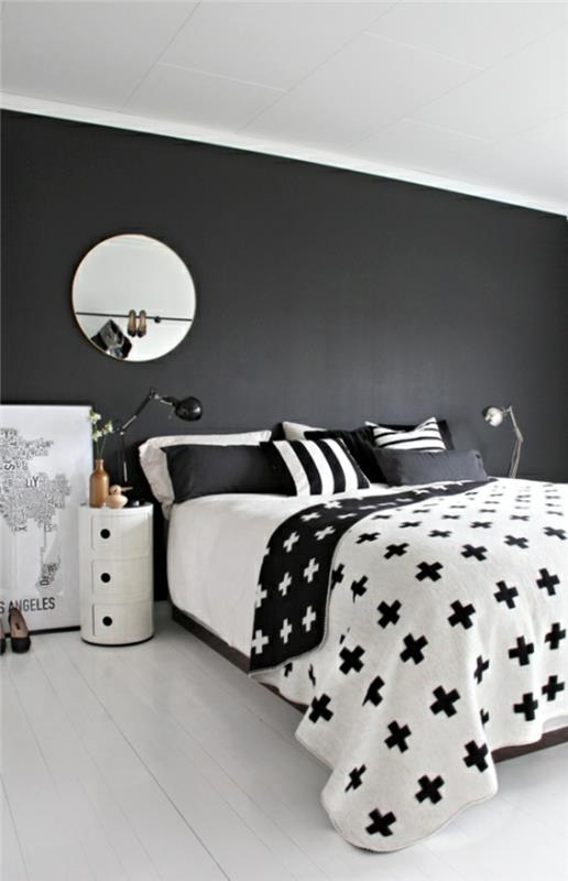 μαύρο τοίχο χρώμα κρεβατοκάμαρα επίπλωση μαύρο τοίχο προφορά λευκό πάτωμα