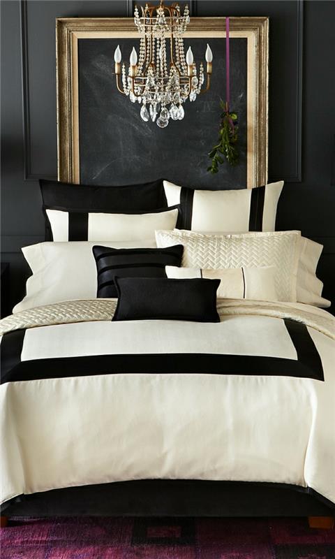 μαύρο τοίχο χρώμα κρεβατοκάμαρα μοβ χαλί ελαφρύ κρεβάτι