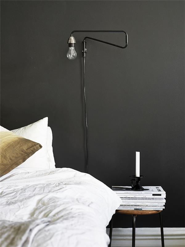 μαύρο τοίχο χρώμα λευκό κρεβάτι σπιτικές ιδέες κρεβατοκάμαρα