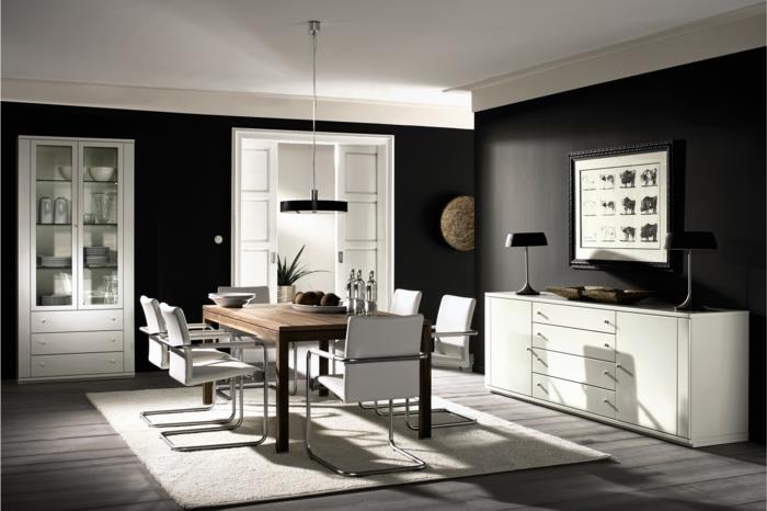 μαύρο τοίχο χρώμα λευκά έπιπλα τραπεζαρία σετ ξύλινο τραπέζι ελαφρύ χαλί