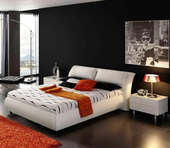 μαύρο χρώμα τοίχου λευκό κρεβάτι κρεβατοκάμαρα πορτοκαλί τόνους