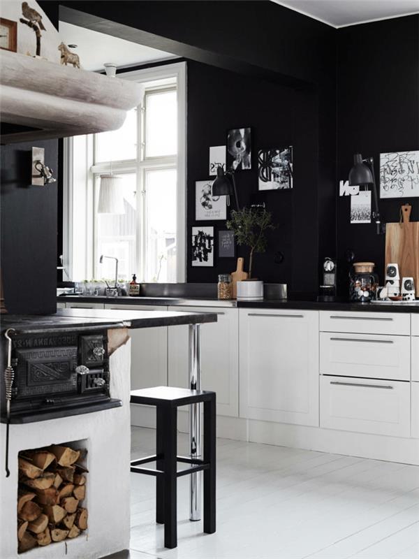 μαύρο τοίχο χρώμα ζωντανές ιδέες κουζίνα λευκά ντουλάπια κουζίνας ελαφρύ πάτωμα