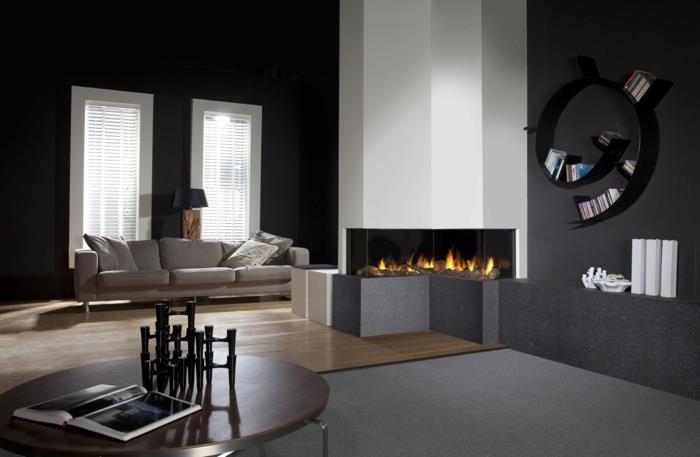 μαύρο χρώμα τοίχου σαλόνι επίπλωση ιδέες γωνιακό τζάκι ξύλινο πάτωμα