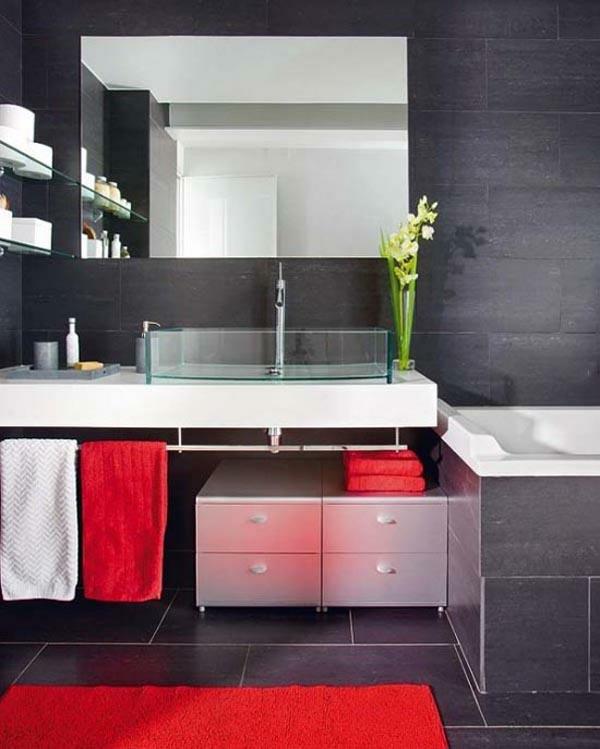 μαύροι εσωτερικοί τοίχοι κόκκινο πετσέτες σχεδιασμός ιδέας μπάνιου