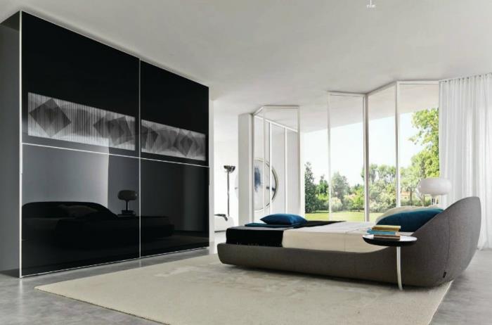 μαύρο ντουλάπι ιδέες διακόσμησης κρεβατοκάμαρας κρεμ χαλί εικόνα παράθυρο