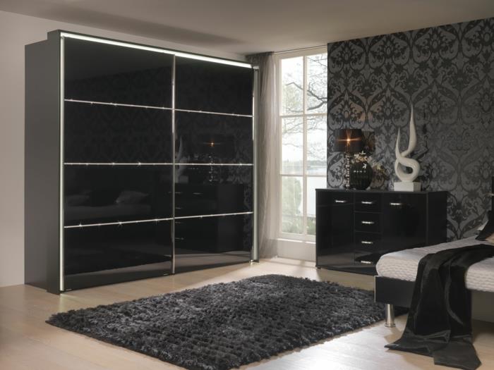 μαύρη ντουλάπα σαλόνι ιδέες κρεβατοκάμαρα συρόμενες πόρτες σκούρο χαλί
