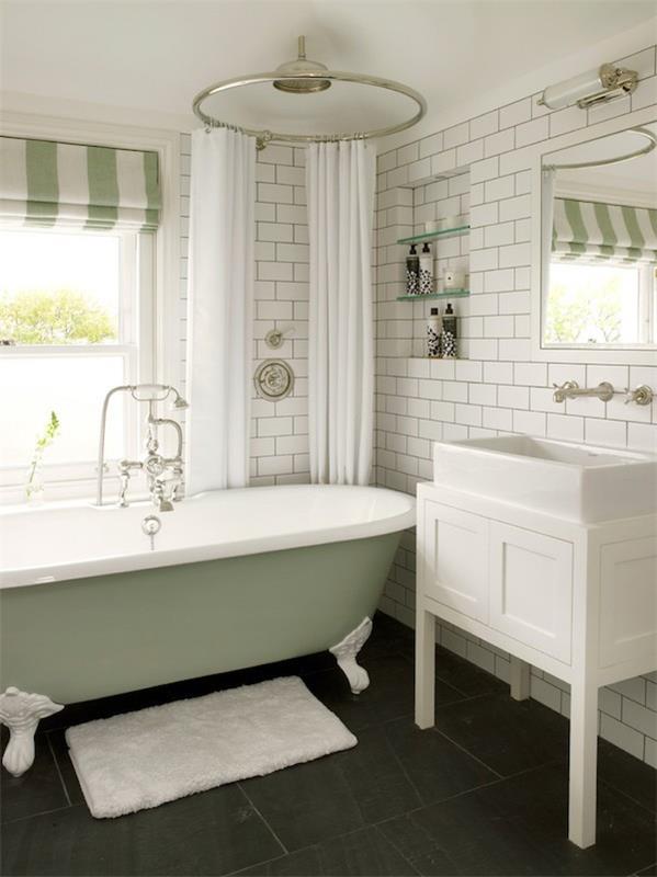 shabby chic μπάνιο πράσινο λευκό τοίχο πλακάκια ριγέ μοτίβο