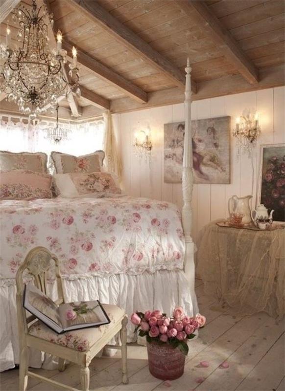 shabby chic υπνοδωμάτιο floral στοιχεία πολυέλαιος τριαντάφυλλα