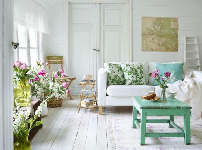 shabby chic στυλ σαλόνι πράσινα φυτά τραπεζιού σαλονιού