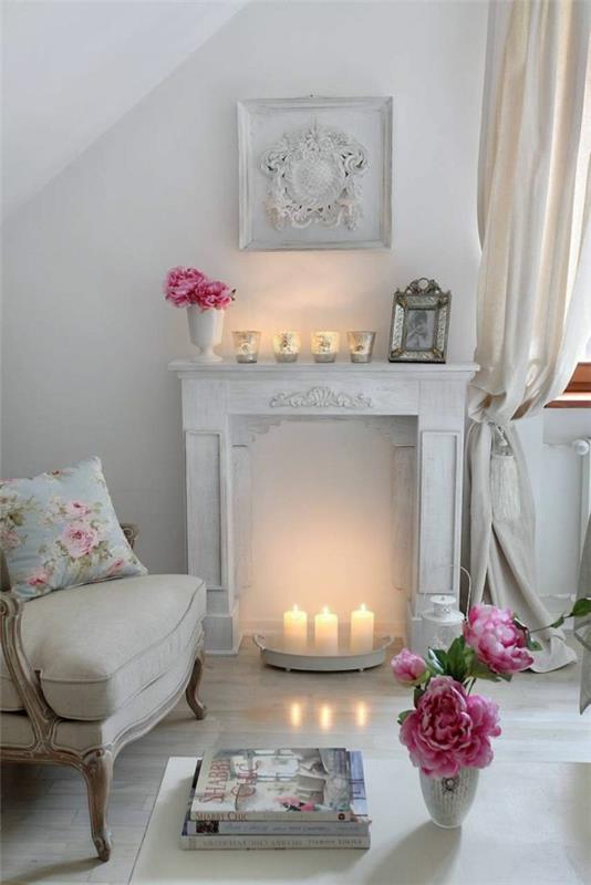 shabby chic στυλ σαλόνι τζάκι κεριά μαξιλάρι μαξιλάρι