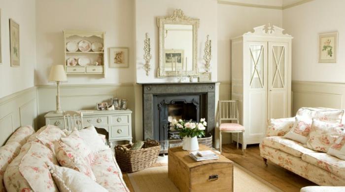 shabby chic έπιπλα ιδέες τζάκι ξύλινο στήθος τραπεζάκι σαλονιού ροζ μοτίβα καναπέ